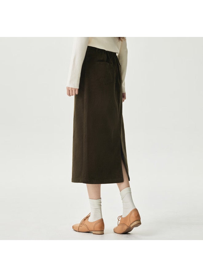 Inman Pure Cotton Corduroy Women's Skirt Spring Autumn Commuting Versatile Comfortable Mid-length A-line Skirt Military Green XL - Image 2