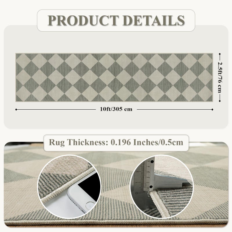 Beeiva Checkered Print Rug Runners for Hallways 2.5x10, Green Kitchen Runner Rugs Non Skid Washable Ultra Thin Faux Wool Long Carpet for Hallway, Checkerboard Neutral Floor Carpet for Kitchen Decor - Image 5