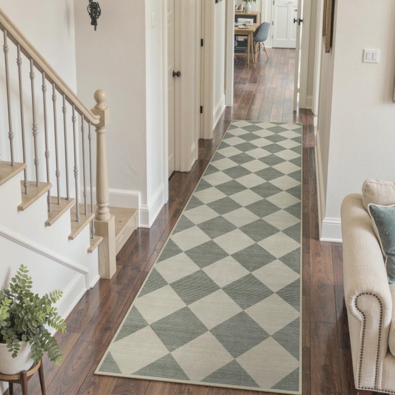 Beeiva Checkered Print Rug Runners for Hallways 2.5x10, Green Kitchen Runner Rugs Non Skid Washable Ultra Thin Faux Wool Long Carpet for Hallway, Checkerboard Neutral Floor Carpet for Kitchen Decor - Image 1
