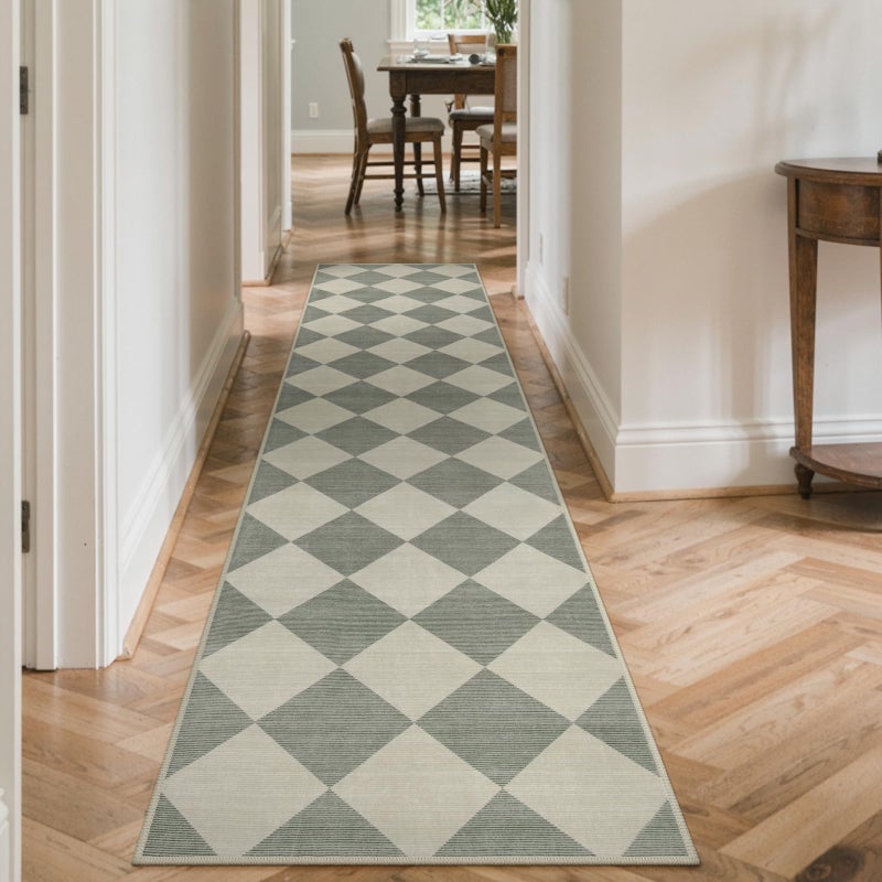 Beeiva Checkered Print Rug Runners for Hallways 2.5x10, Green Kitchen Runner Rugs Non Skid Washable Ultra Thin Faux Wool Long Carpet for Hallway, Checkerboard Neutral Floor Carpet for Kitchen Decor - Image 2