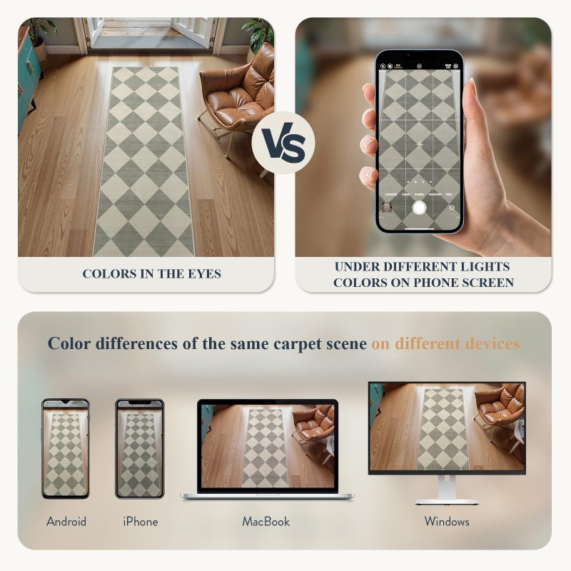 Beeiva Checkered Print Rug Runners for Hallways 2.5x10, Green Kitchen Runner Rugs Non Skid Washable Ultra Thin Faux Wool Long Carpet for Hallway, Checkerboard Neutral Floor Carpet for Kitchen Decor - Image 4