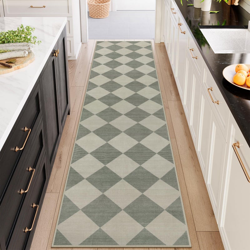 Beeiva Checkered Print Rug Runners for Hallways 2.5x10, Green Kitchen Runner Rugs Non Skid Washable Ultra Thin Faux Wool Long Carpet for Hallway, Checkerboard Neutral Floor Carpet for Kitchen Decor - Image 3