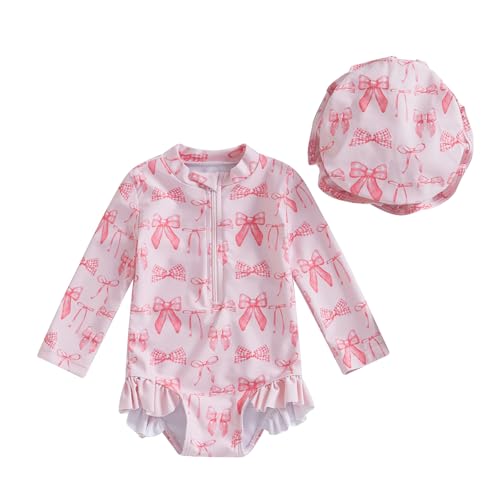 Socutebabe بدلة سباحة للبنات الصغيرات بدلة سباحة قطعة واحدة بأكمام طويلة مع قبعة (وردي، 6-12 شهر) - Image 1