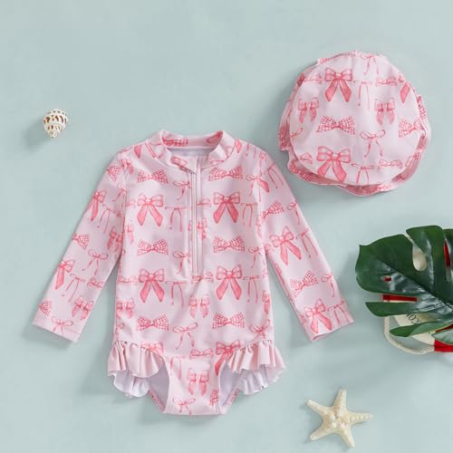 Socutebabe بدلة سباحة للبنات الصغيرات بدلة سباحة قطعة واحدة بأكمام طويلة مع قبعة (وردي، 6-12 شهر) - Image 2