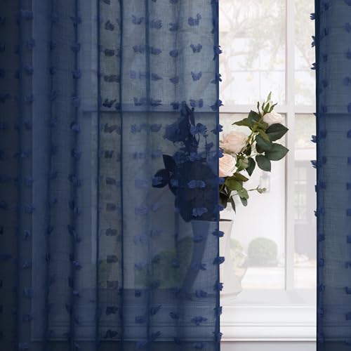 DANCURTON Navy Blue Sheer Curtains 84 Inches Long for Living Room Pom Pom Modern Boho Voile Drapes Window Semi Sheer Transparent Dark Blue Sheer Curtain for Bedroom Boys Kids Room 2 Panels Back Tab 52x84 Length - Image 1