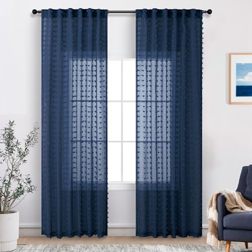 DANCURTON Navy Blue Sheer Curtains 84 Inches Long for Living Room Pom Pom Modern Boho Voile Drapes Window Semi Sheer Transparent Dark Blue Sheer Curtain for Bedroom Boys Kids Room 2 Panels Back Tab 52x84 Length - Image 2
