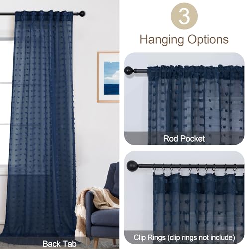 DANCURTON Navy Blue Sheer Curtains 84 Inches Long for Living Room Pom Pom Modern Boho Voile Drapes Window Semi Sheer Transparent Dark Blue Sheer Curtain for Bedroom Boys Kids Room 2 Panels Back Tab 52x84 Length - Image 5