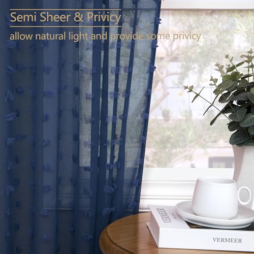 DANCURTON Navy Blue Sheer Curtains 84 Inches Long for Living Room Pom Pom Modern Boho Voile Drapes Window Semi Sheer Transparent Dark Blue Sheer Curtain for Bedroom Boys Kids Room 2 Panels Back Tab 52x84 Length - Image 4