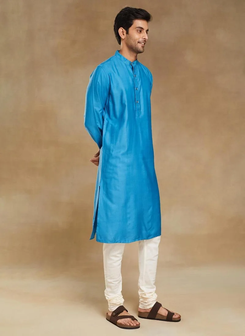 فاب انديا Blue Viscose Silk Slim Fit Long Kurta