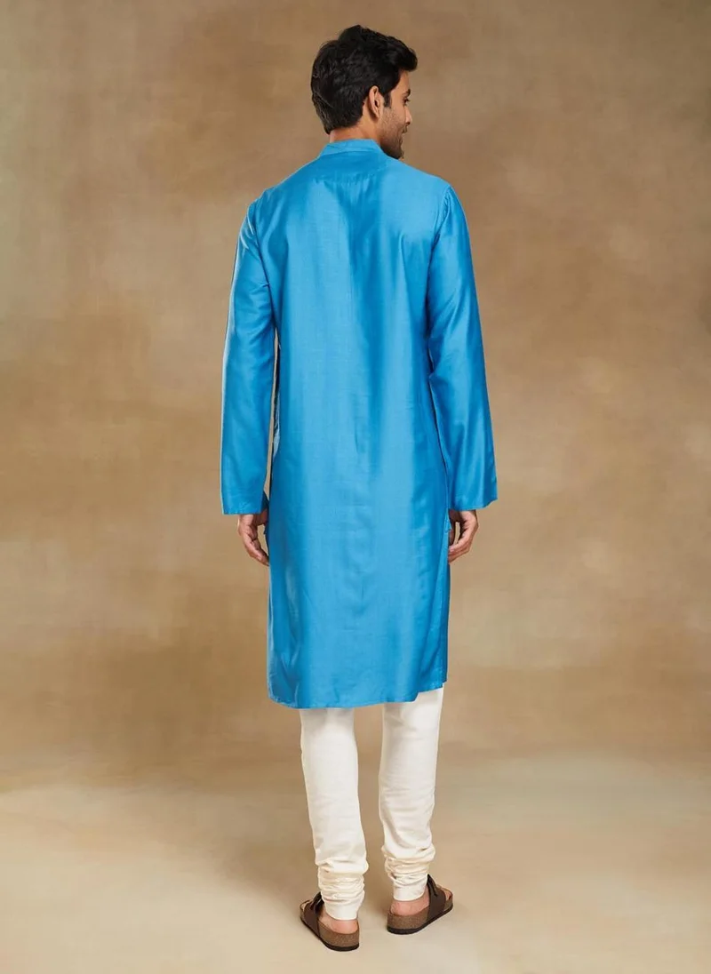 فاب انديا Blue Viscose Silk Slim Fit Long Kurta
