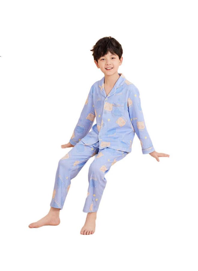 Red Bean Hongdou Children'S Pajamas, Spring And Autumn, Boys And Girls, Pure Cotton Home Wear Set, Long-Sleeve Long Pants, Two-Piece Set, J3159, Light Blue, 160 - Image 2