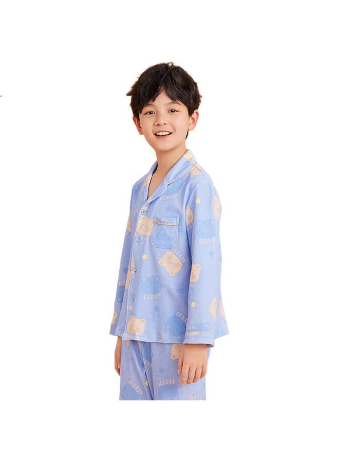 Red Bean Hongdou Children'S Pajamas, Spring And Autumn, Boys And Girls, Pure Cotton Home Wear Set, Long-Sleeve Long Pants, Two-Piece Set, J3159, Light Blue, 160 - Image 1