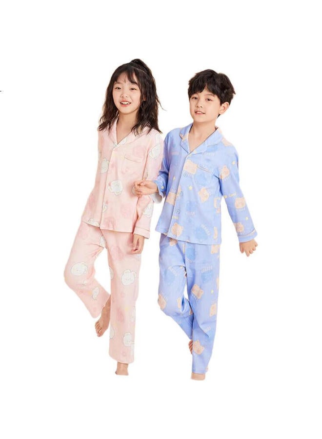 Red Bean Hongdou Children'S Pajamas, Spring And Autumn, Boys And Girls, Pure Cotton Home Wear Set, Long-Sleeve Long Pants, Two-Piece Set, J3159, Light Blue, 160 - Image 3