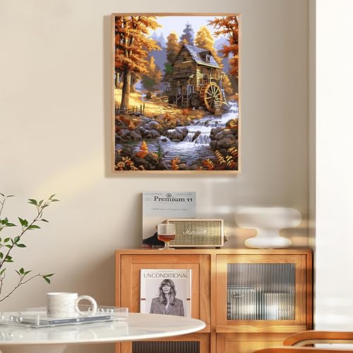 Fountor Paint by Numbers Kit for Adults Beginner Fall Landscape Adult Paint by Number Kits on Canvas Without Frame Cabin in the Forest Stream Oil Paint by Numbers for Home Decor Gift 16 W x 20L - Image 3