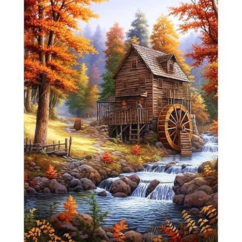 Fountor Paint by Numbers Kit for Adults Beginner Fall Landscape Adult Paint by Number Kits on Canvas Without Frame Cabin in the Forest Stream Oil Paint by Numbers for Home Decor Gift 16 W x 20L - Image 1