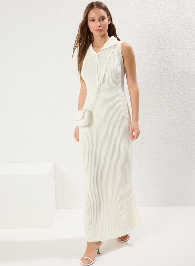 trendyol Bone Straight Regular Waist Belt Detail Ribbed Knit Dress - Image 2