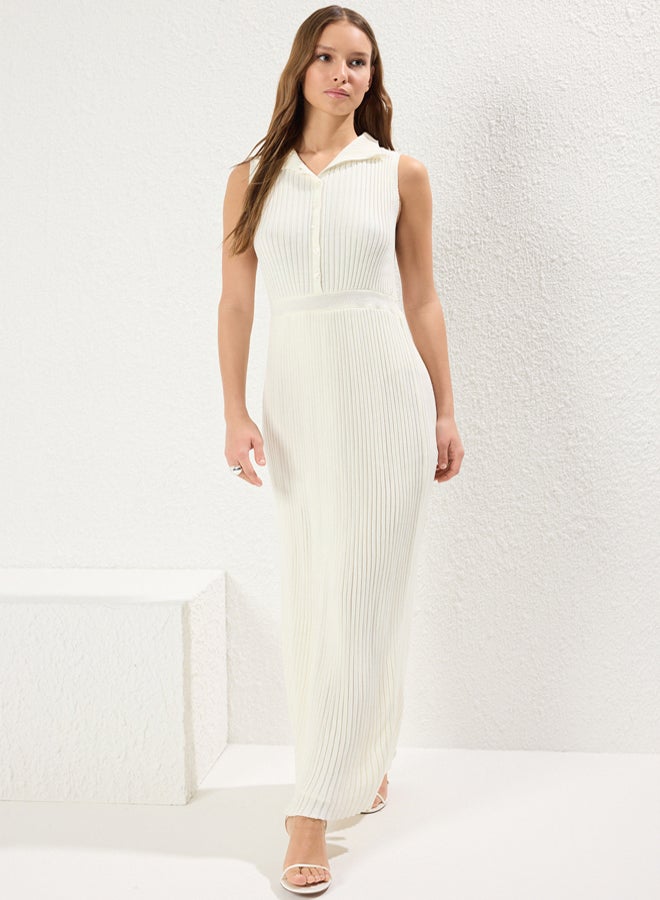 trendyol Bone Straight Regular Waist Belt Detail Ribbed Knit Dress - Image 1
