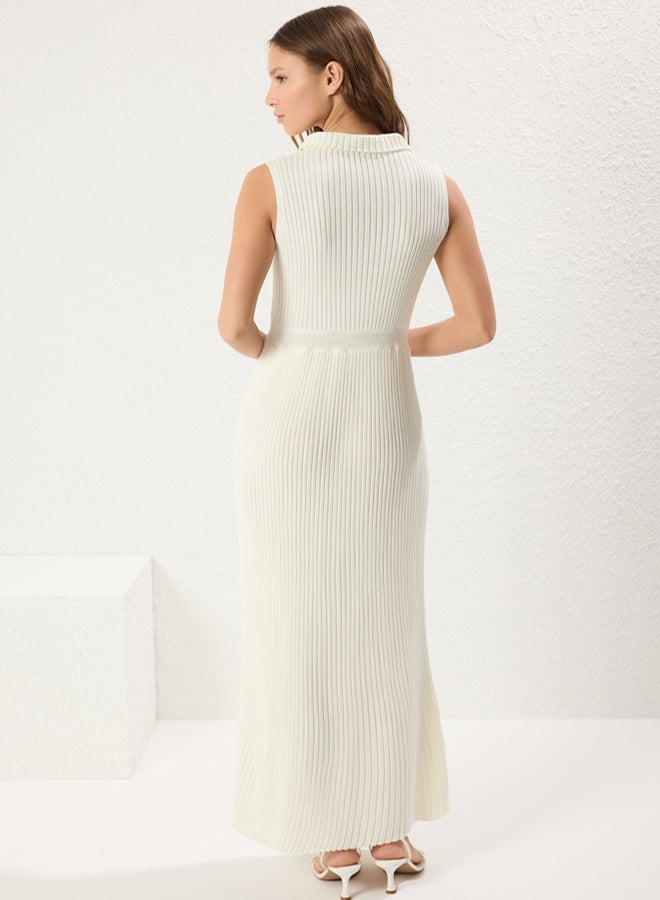 trendyol Bone Straight Regular Waist Belt Detail Ribbed Knit Dress - Image 5