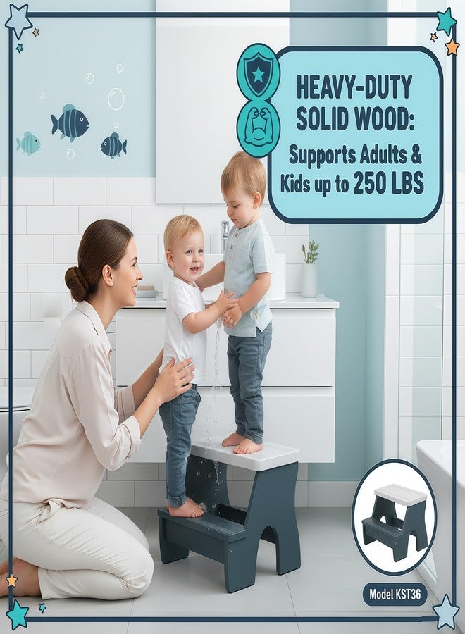 TomGear KST36 Wooden Step Stool - 250LBS Load, Non - Slip Water - Resistant Foot Stool for All Ages, Bathroom & Kitchen (Blue & White, Two Step) - Image 3