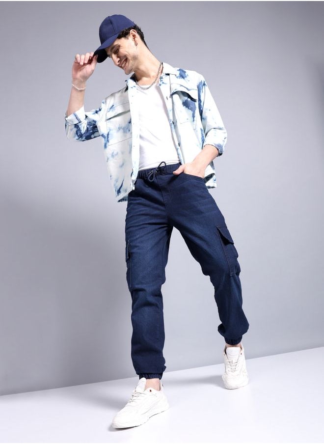 The Indian Garage Co - Men Regular Fit Solid Mid-Rise Stretchable Denim Cargo Joggers - Image 1