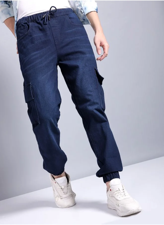 The Indian Garage Co Men Regular Fit Solid Mid-Rise Stretchable Denim Cargo Joggers