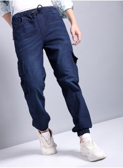 Men Regular Fit Solid Mid-Rise Stretchable Denim Cargo Joggers