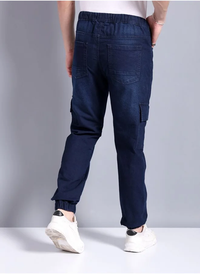 The Indian Garage Co Men Regular Fit Solid Mid-Rise Stretchable Denim Cargo Joggers