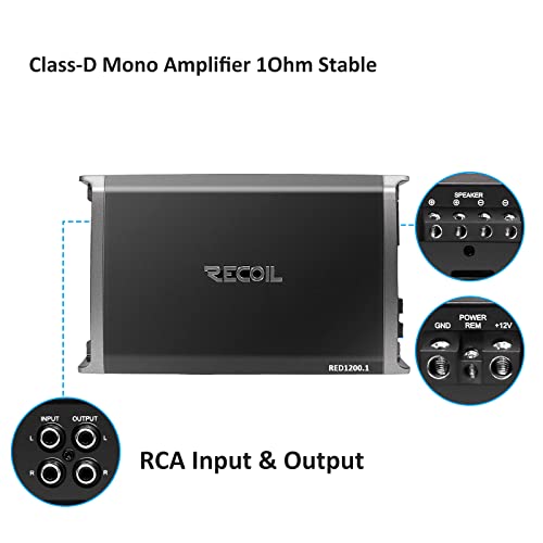 Recoil RED1200-1 2500 Watts Class-D Strappable Car Audio Mono-Block Subwoofer Amplifier, 1 Ohm Stable, Remote Bass Knob Included - Image 3