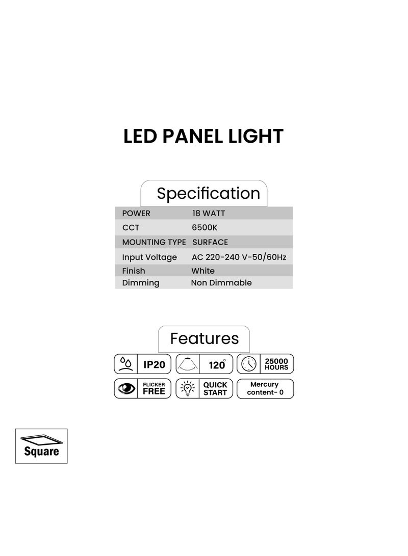 pixelights 18W White (6500K), LED Surface Mounted Ceiling Light, Square (23x23cm), Non-Dimmable, 220-240V, IP20, Lifetime: 25000Hours, 2years warranty. (single Pack) - Image 2