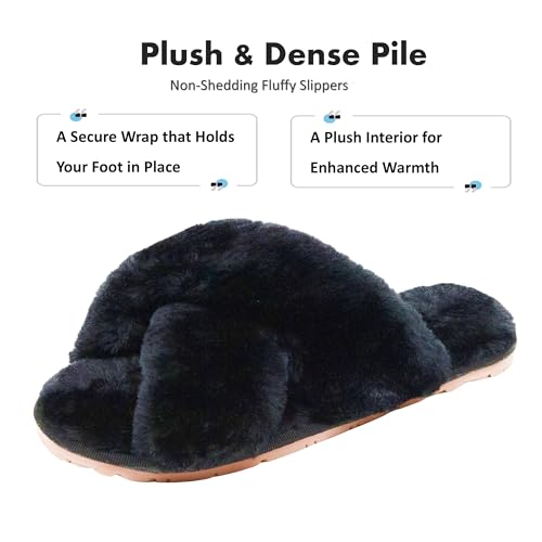Crazy Lady Women's Fuzzy Fluffy House Slippers Cute Plush Memory Foam Shoes Cross Band Indoor Outdoor Open Toe Sandals(06/Black, 5.5-6.5) - Image 4