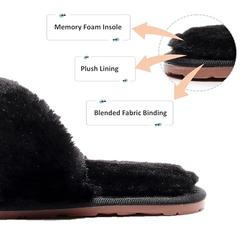 Crazy Lady Women's Fuzzy Fluffy House Slippers Cute Plush Memory Foam Shoes Cross Band Indoor Outdoor Open Toe Sandals(06/Black, 5.5-6.5) - Image 5