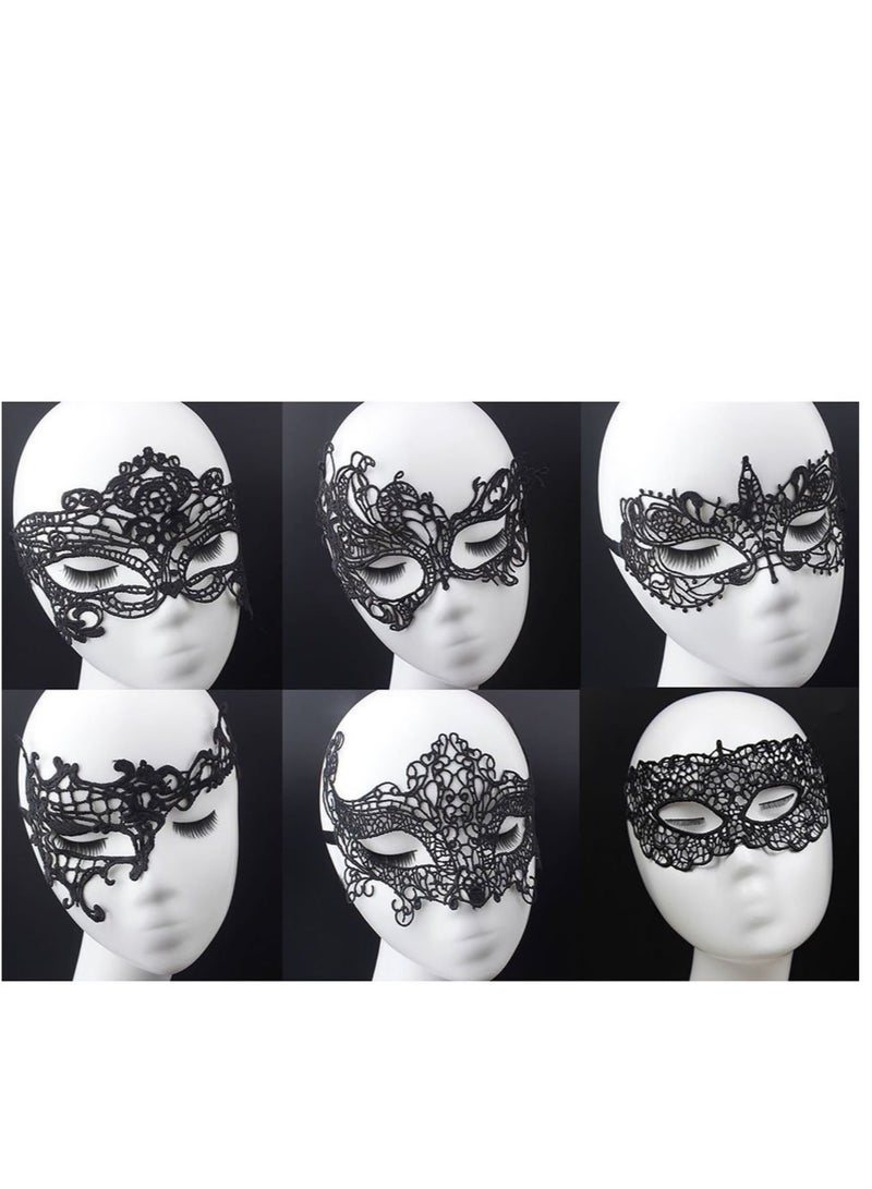 Zikra 6 Pieces Women Lace Eye Mask, Masquerade Masks Mysterious Face Venetian Eyemask for Carnival Party Costume Ball, Black - Image 1