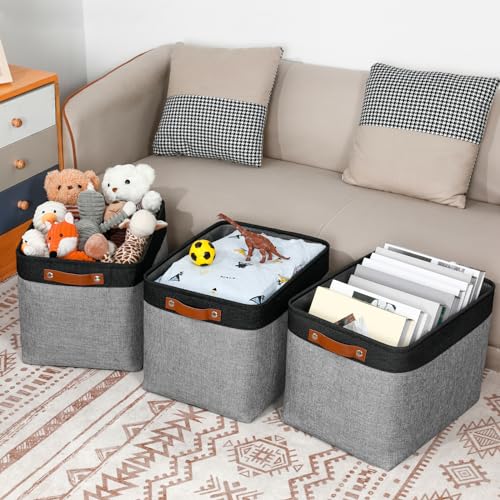 DULLEMELO Fabric Storage Bins - Decorative Large Baskets for Home Shelves & Bedroom, Canvas Toy Organizers (Black & Gray) - Image 5