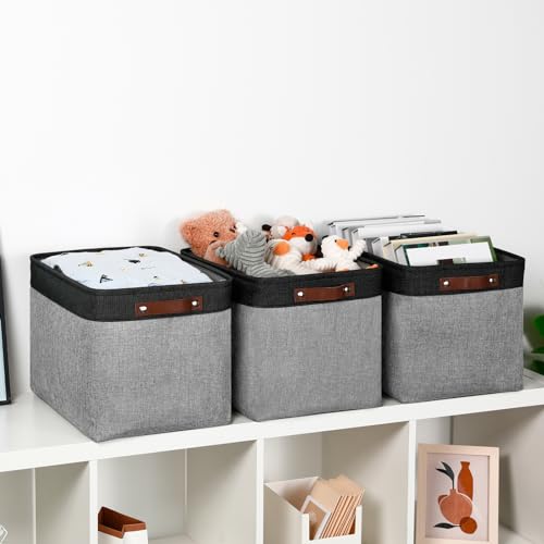 DULLEMELO Fabric Storage Bins - Decorative Large Baskets for Home Shelves & Bedroom, Canvas Toy Organizers (Black & Gray) - Image 4