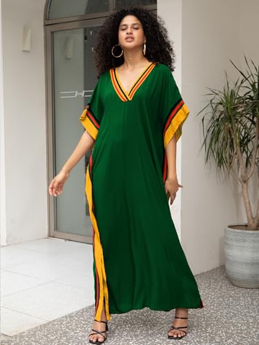 KECVOT Kaftan Dresses for Women V Neck Batwing Sleeve Plus Size Caftans Swimwear Coverups Maxi Beach Dresses Green - Image 2