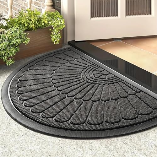 Prisha Cart Semicircular Durable Rubber Non Slip Front Door Mat for Outside Inside Entry Entryway | Dirt Trapper Welcome Mat for Muddy Paws and Shoes, Grey, 45x75 cm - Image 1