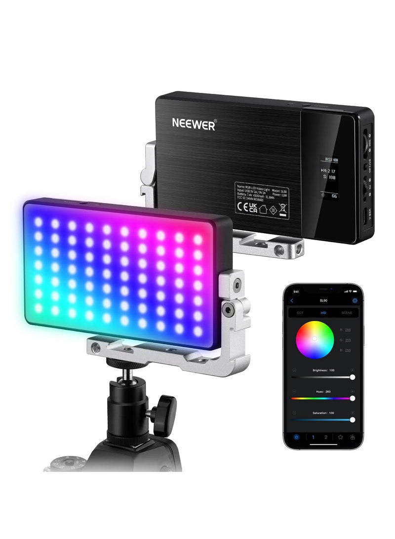 نيوير نيور SL90 برو ضوء فيديو كاميرا LED RGB – 12 واط، بطارية 4300 مللي أمبير، 2500–10000K، 18 وضعًا للمشاهد، تحكم عبر التطبيق و2.4G - Image 1