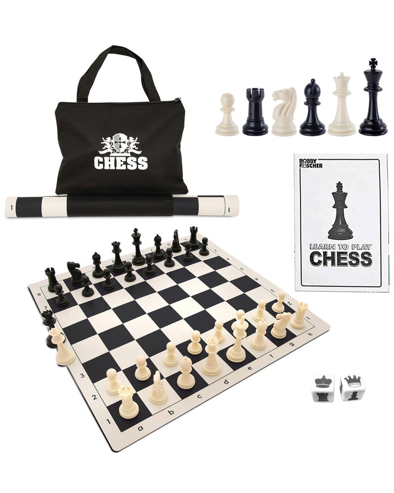 WE Games Best Value Tournament Chess Set Includes 34 Chessmen Roll Up Black Vinyl Chess Board Storage Bag for Pieces Instructions and Equalizer Dice Travel Board Games for Adults - Image 3
