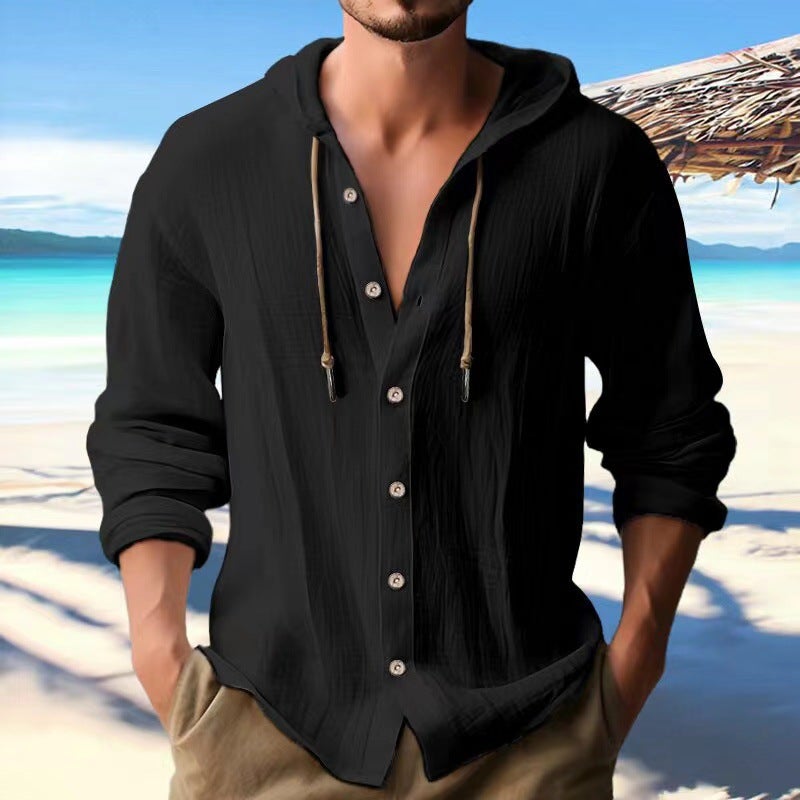 Generic Cross-border Mens Sports Casual Long Sleeve Shirt Cotton Linen Hooded Fashion Sweatshirt Trendy All-match Loose Beach T-shirt Black