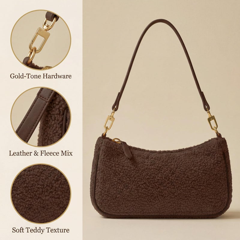 VODIU Sherpa Shoulder Bag for Women, Cute Hobo Purses Mini Clutch Handbag Retro Crossbody Bag with Chain - Image 3