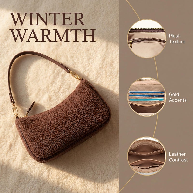 VODIU Sherpa Shoulder Bag for Women, Cute Hobo Purses Mini Clutch Handbag Retro Crossbody Bag with Chain - Image 4