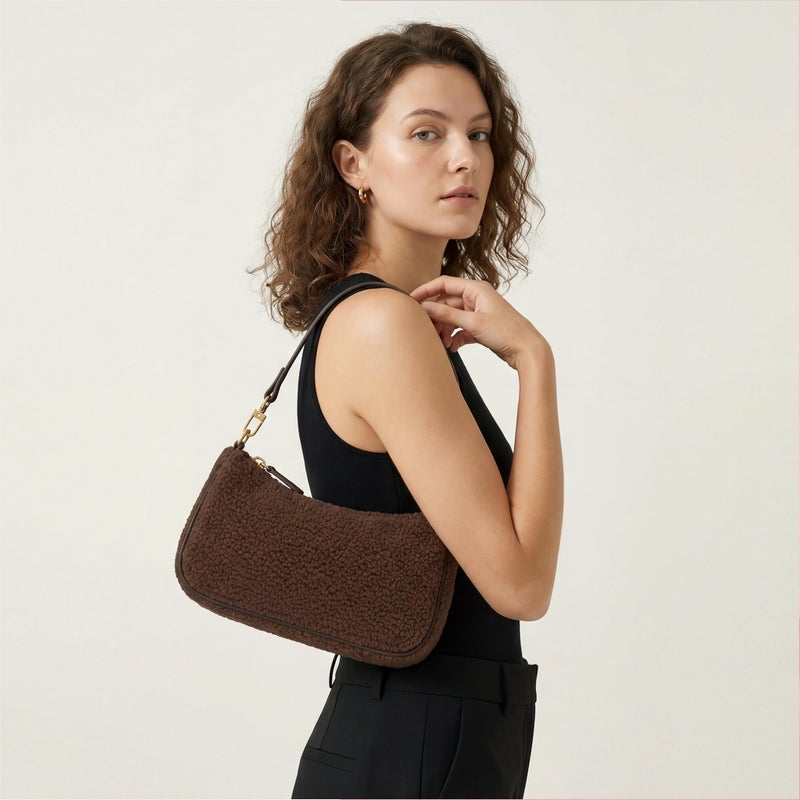 VODIU Sherpa Shoulder Bag for Women, Cute Hobo Purses Mini Clutch Handbag Retro Crossbody Bag with Chain - Image 2