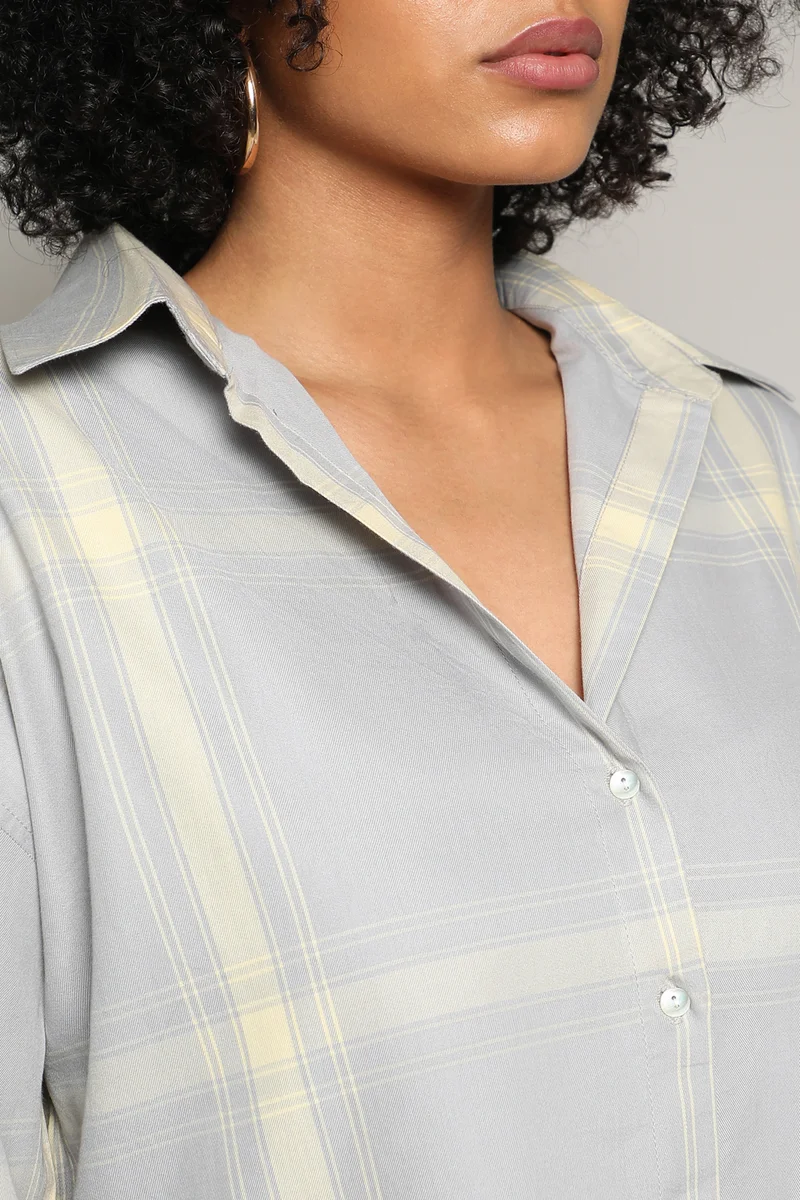 Campus Sutra Women's Sage Green Tartan Plaid Boxy Shirt