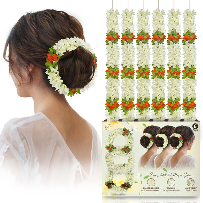 ZAINY 6 Pack Mogra Gajra for Hair Indian Bun, Artificial Fabric Jasmine Flowers Hairbun, White Hair Flowers for Women, Reusable Traditional Veni, Hair Accessories Gajra Bracelet, Juda and Wedding - Image 1
