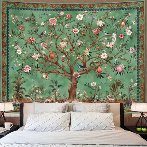 Faxdong Boho Tree of LIfe Tapestry, Vintage Flower Leaves Birds Plant Animal Pattern Tapestries, Retro Indian Bohemian Aesthetic Wall Hanging Green 60×80 inch - Image 4