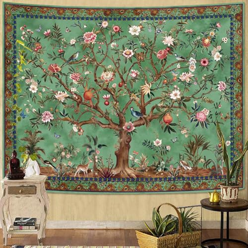 Faxdong Boho Tree of LIfe Tapestry, Vintage Flower Leaves Birds Plant Animal Pattern Tapestries, Retro Indian Bohemian Aesthetic Wall Hanging Green 60×80 inch - Image 1