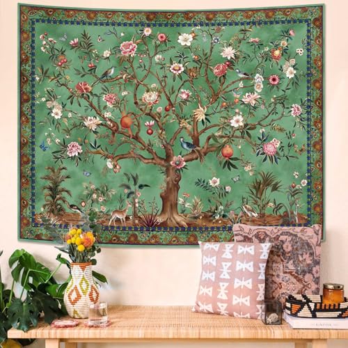 Faxdong Boho Tree of LIfe Tapestry, Vintage Flower Leaves Birds Plant Animal Pattern Tapestries, Retro Indian Bohemian Aesthetic Wall Hanging Green 60×80 inch - Image 2