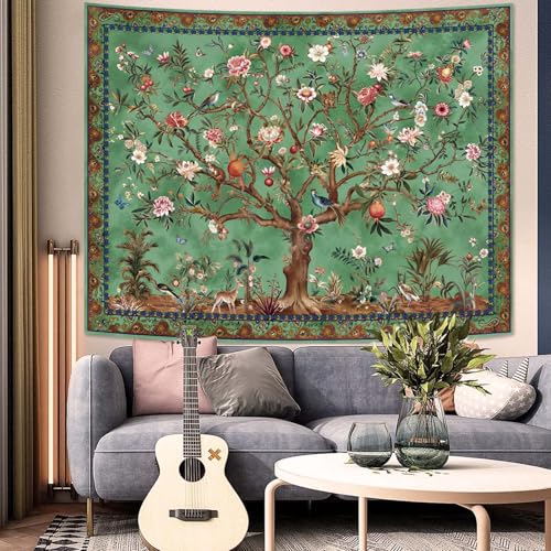 Faxdong Boho Tree of LIfe Tapestry, Vintage Flower Leaves Birds Plant Animal Pattern Tapestries, Retro Indian Bohemian Aesthetic Wall Hanging Green 60×80 inch - Image 3