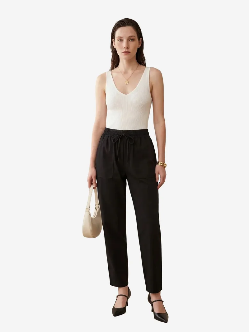 ماي فاشن MY FASHION Ankle Length Solid Gabardine Pants with Drawstring Waist