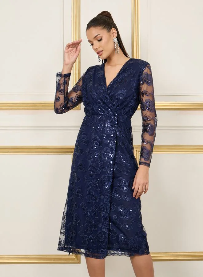 Styli Embroidered Sequin Detail Mesh Sleeves Midi Dress